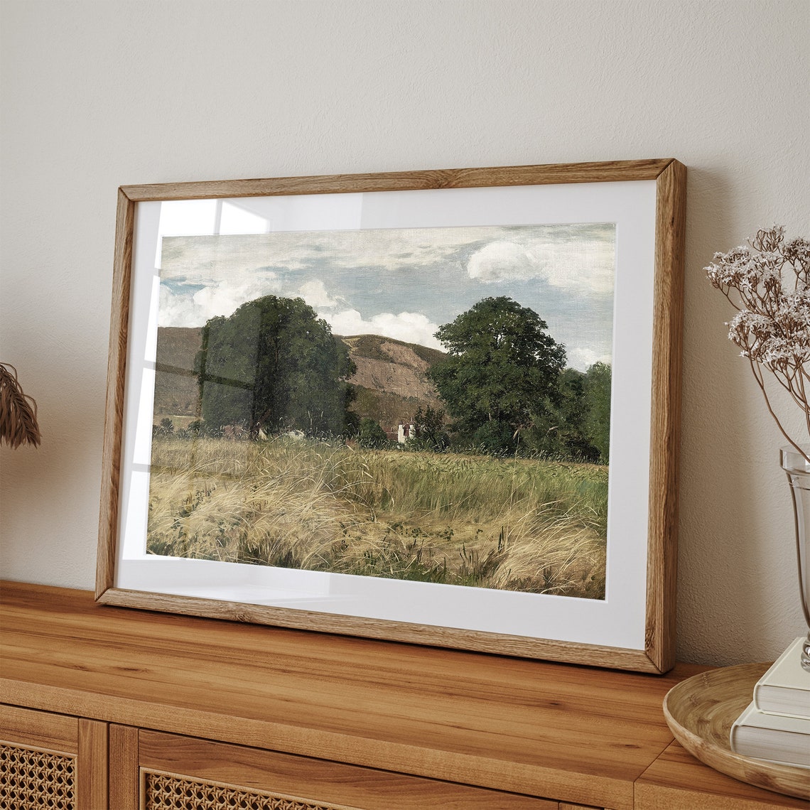 Summer Meadow with Tall Grass and Oak Trees Hillside Art Poster - Image 3