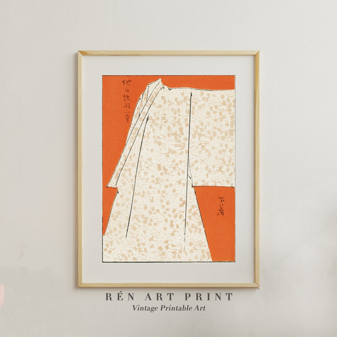 Japanese Kimono Woodblock Vintage Cream Pattern Orange Art Poster