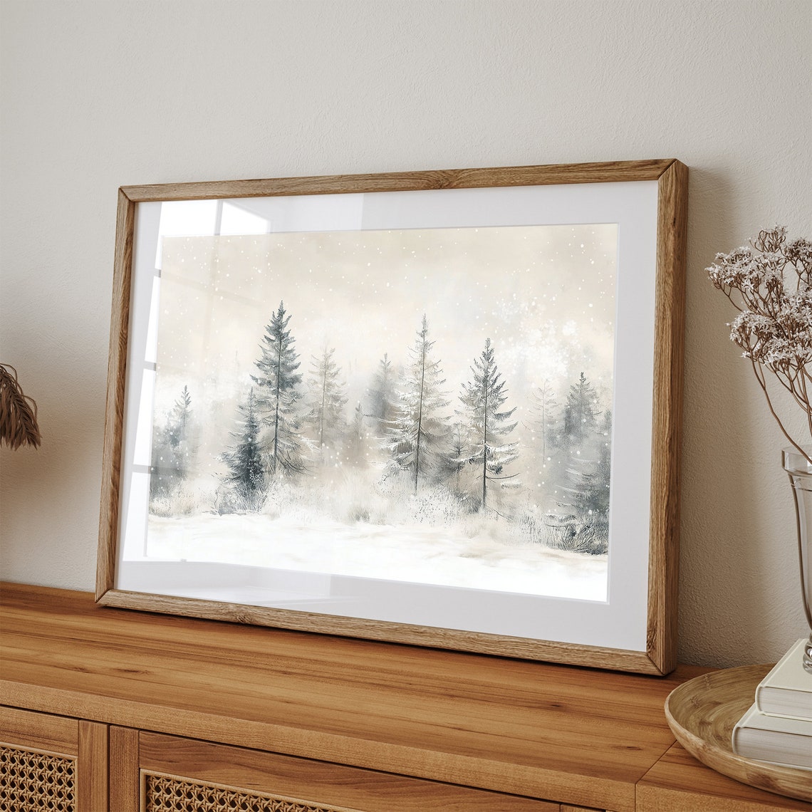 Snowy Pine Forest in Falling Snow Minimalist Winter Art Print - Image 3
