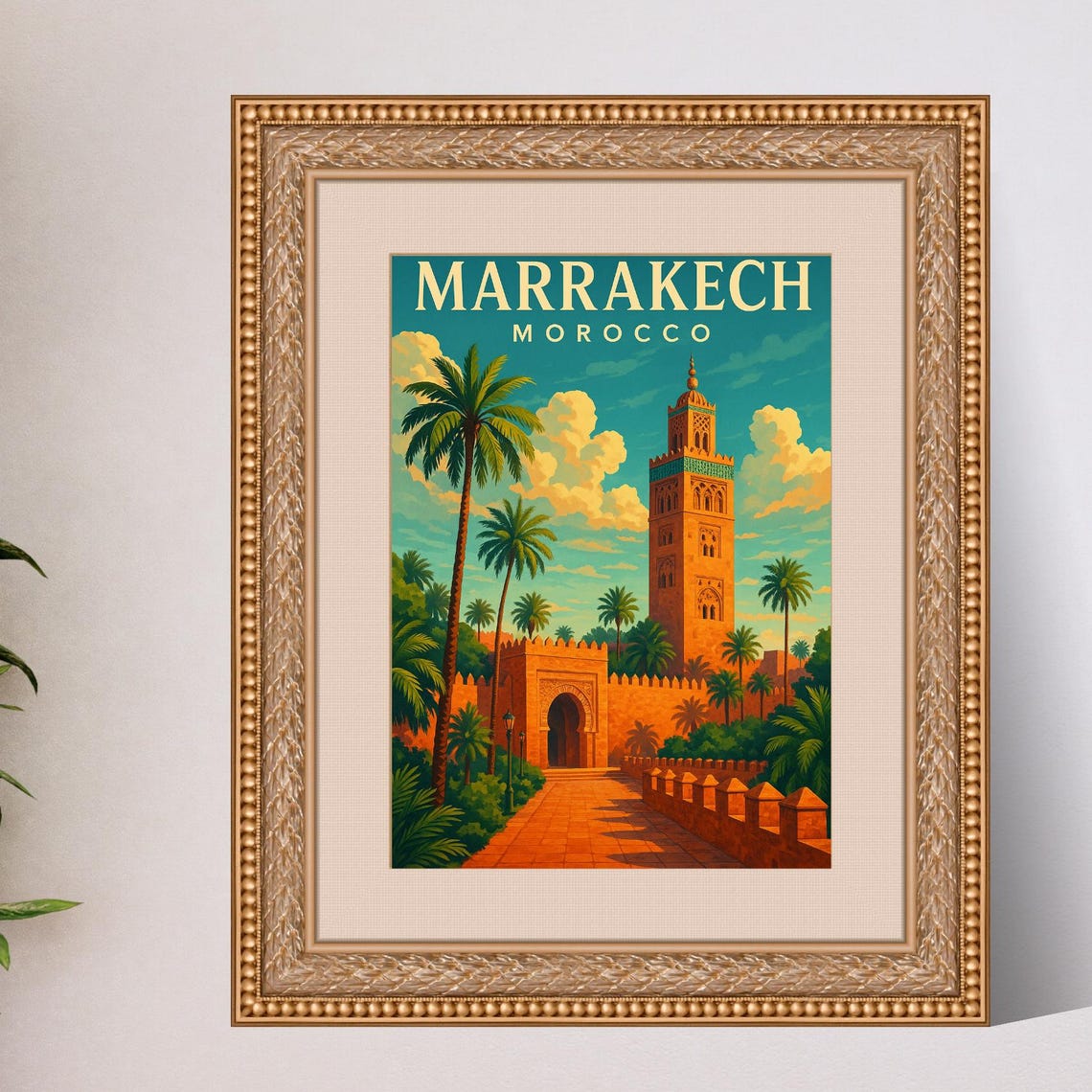Marrakech Morocco Vintage Travel Poster Minaret Palm Gardens Retro Art