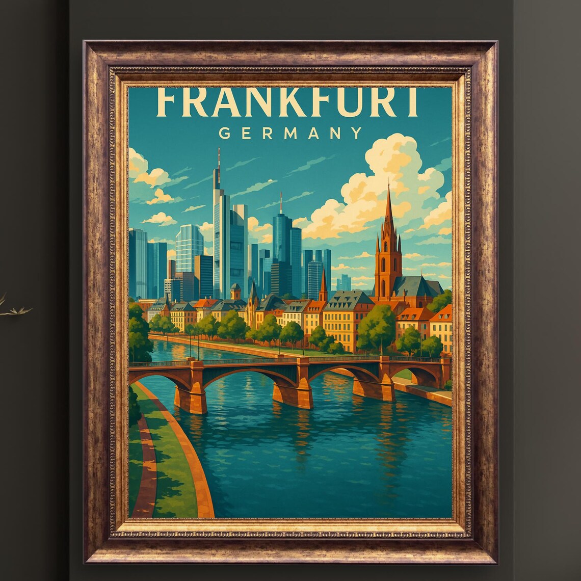 Frankfurt Germany Vintage Skyline River Bridge Retro Travel Poster