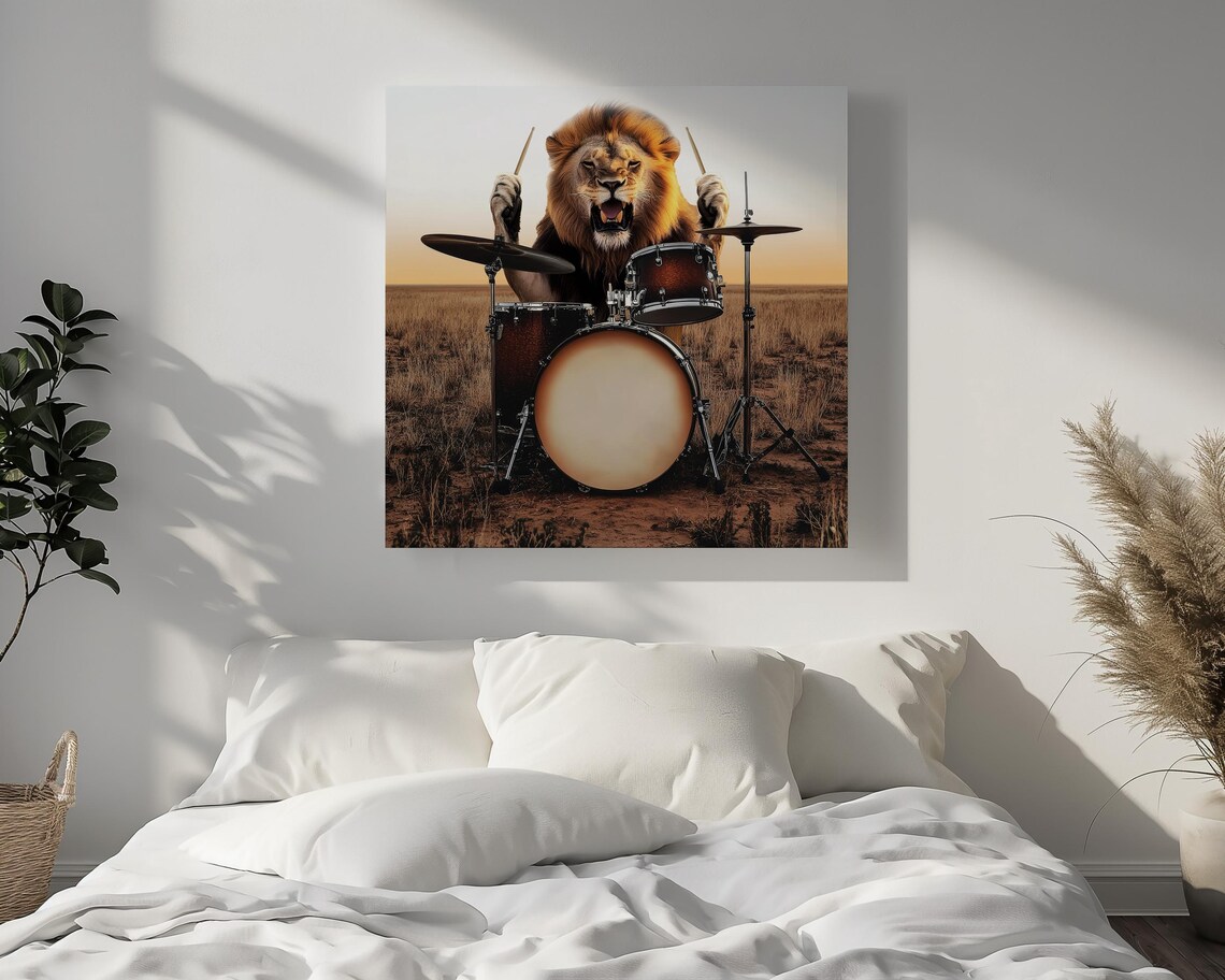 Lion Playing Drums, Abstract Music Studio Art - Image 4