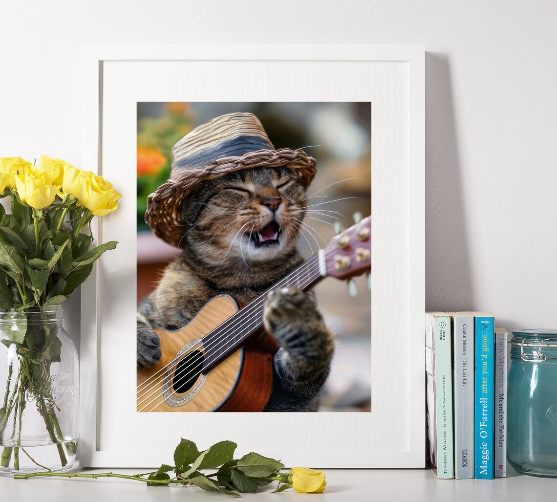 Cat Print, Funny Cute Acoustic Guitar Art Print - Image 2
