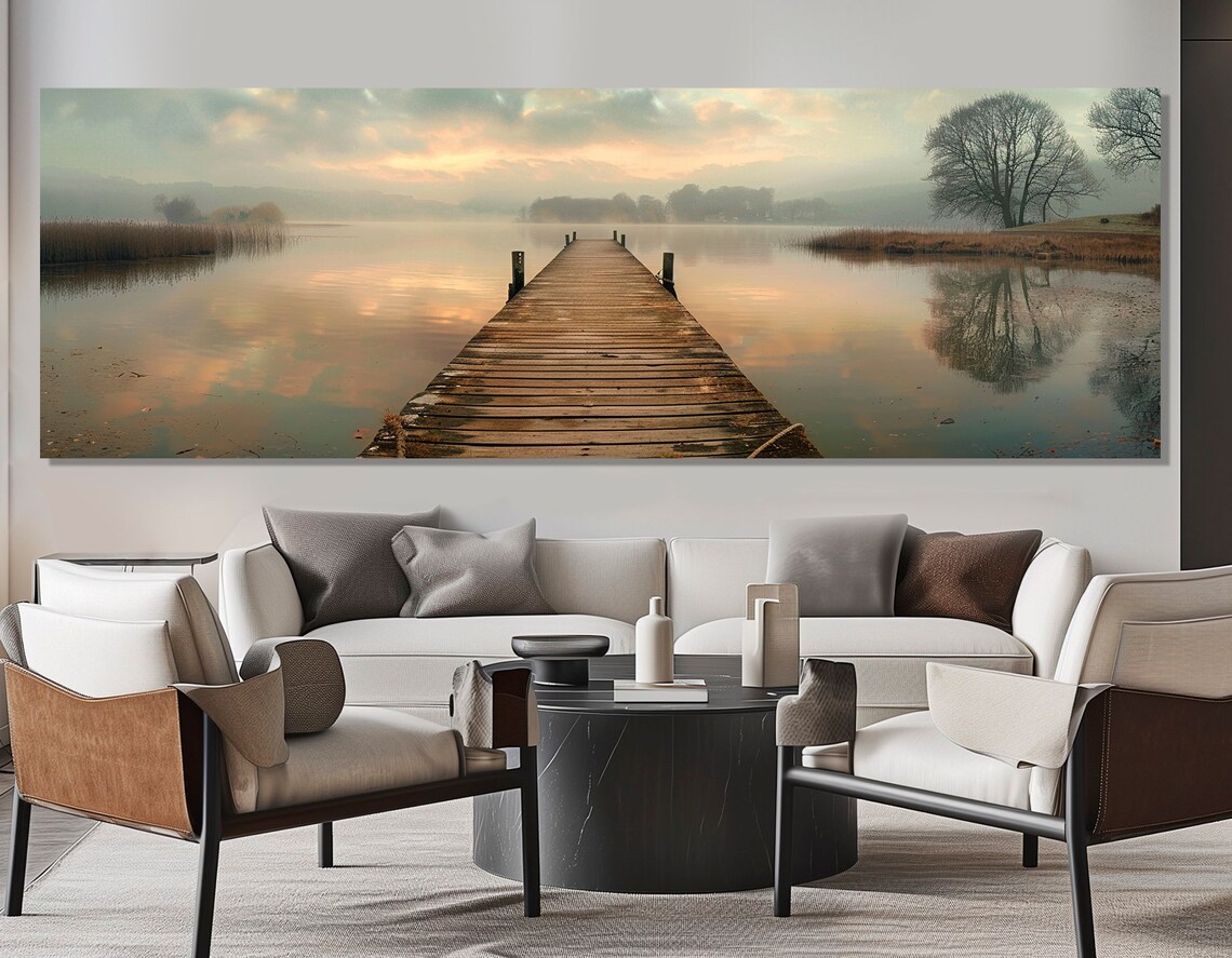 Old Fishing Bridge, Foggy Lake Landscape Art Print - Image 2