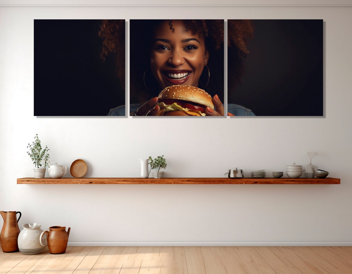Happy Woman Eating Cheeseburger Fun Food Photography Kitchen Decor Poster - Image 4