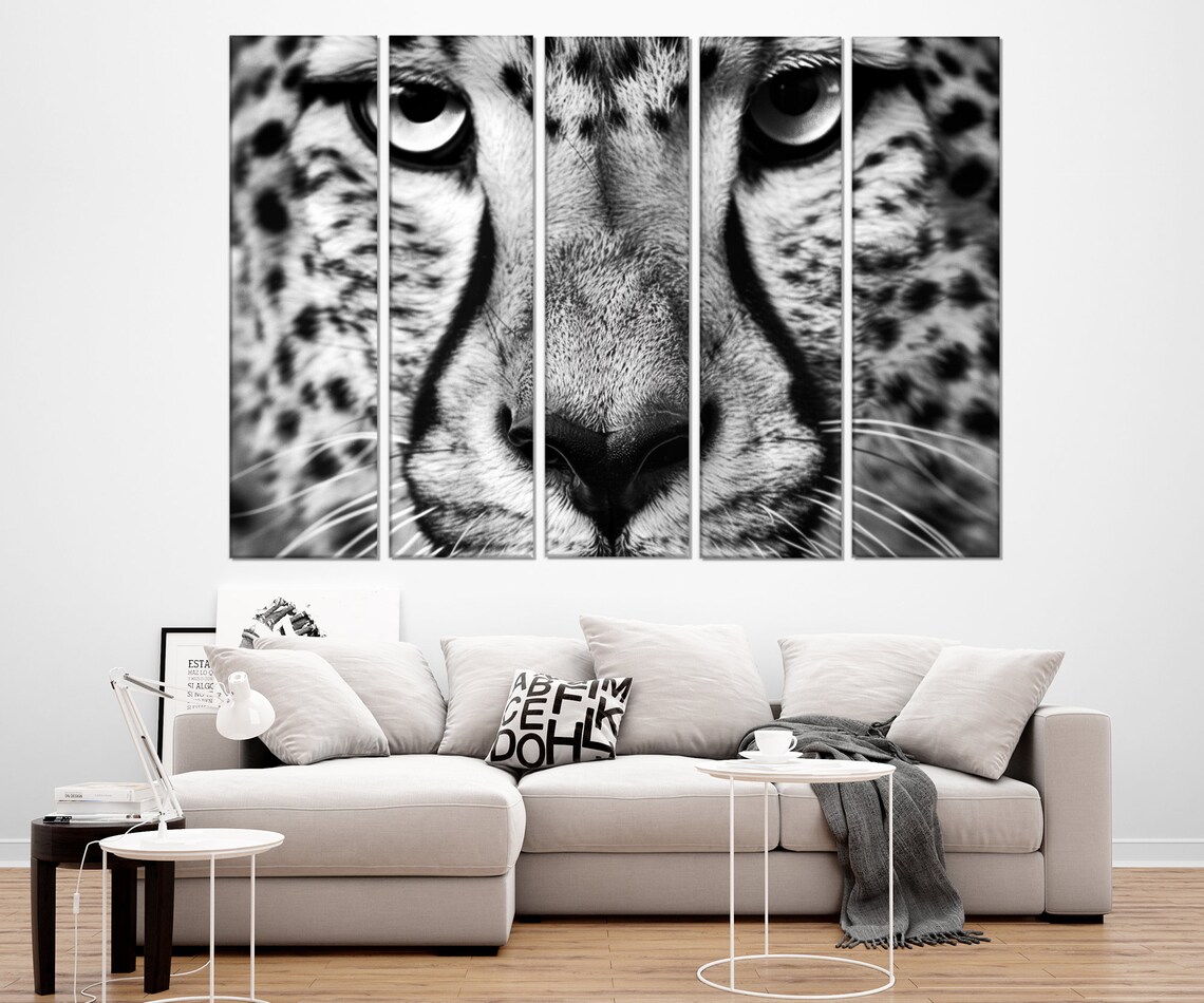Black White Cheetah Face Close Up Intense Gaze Wildlife Portrait Wall Art - Image 2