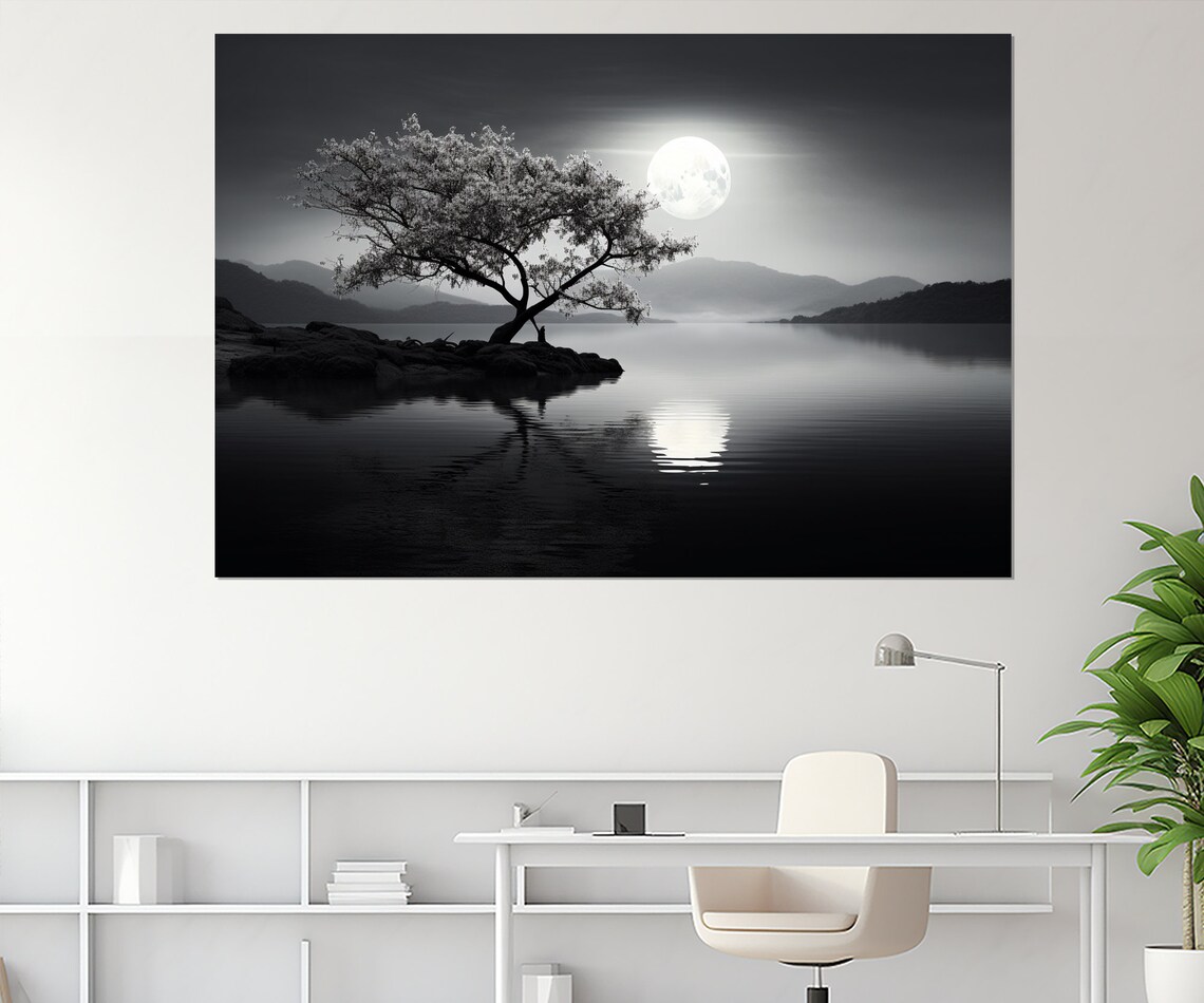Abstract Tree Under The Moon Black And White Print Contemporary Wall Decor Framed And Ready To Hang - Image 2