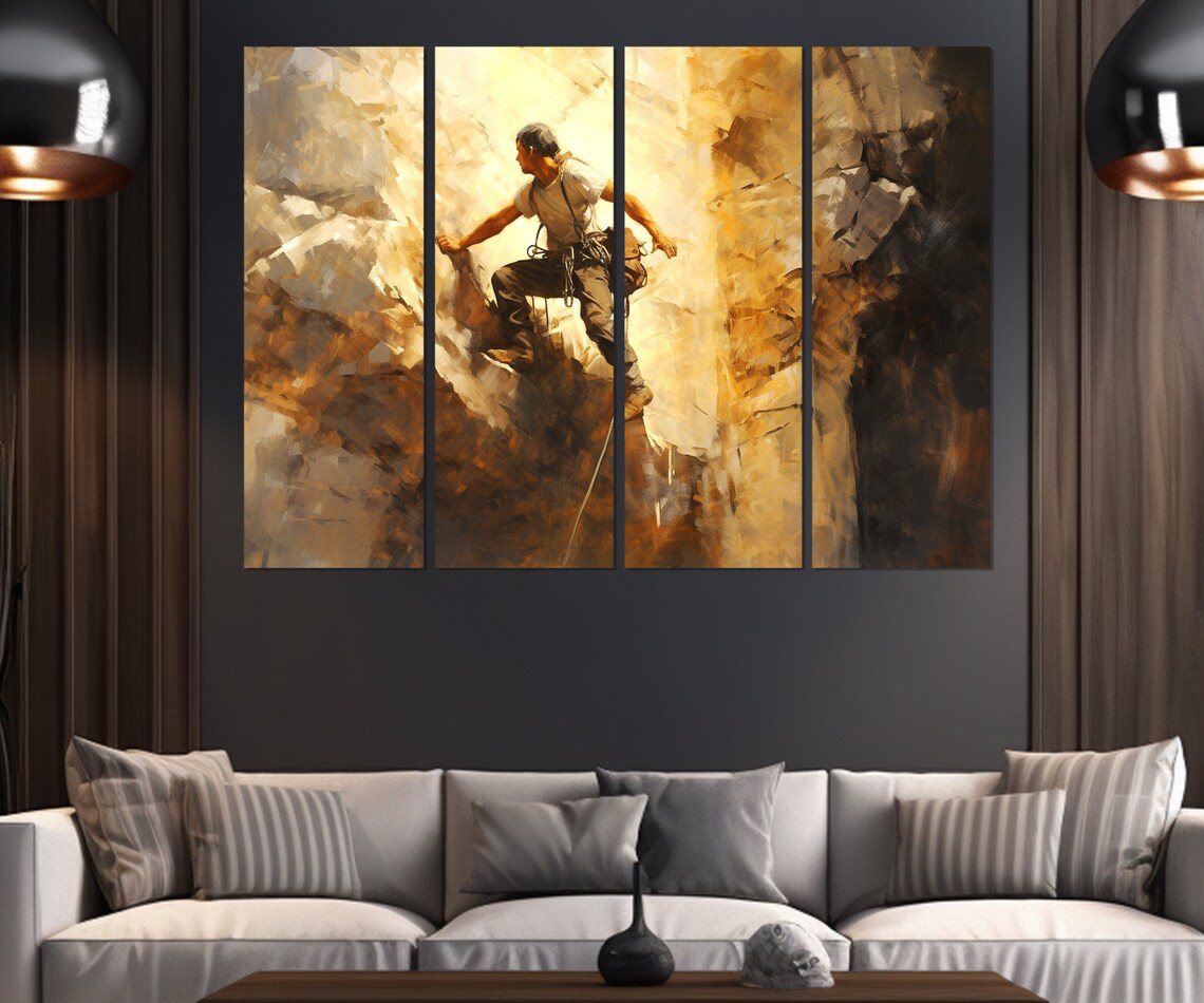 Rock Climber Ascending Sunlit Golden Cliff Oil Painting Sports Wall Poster - Image 3