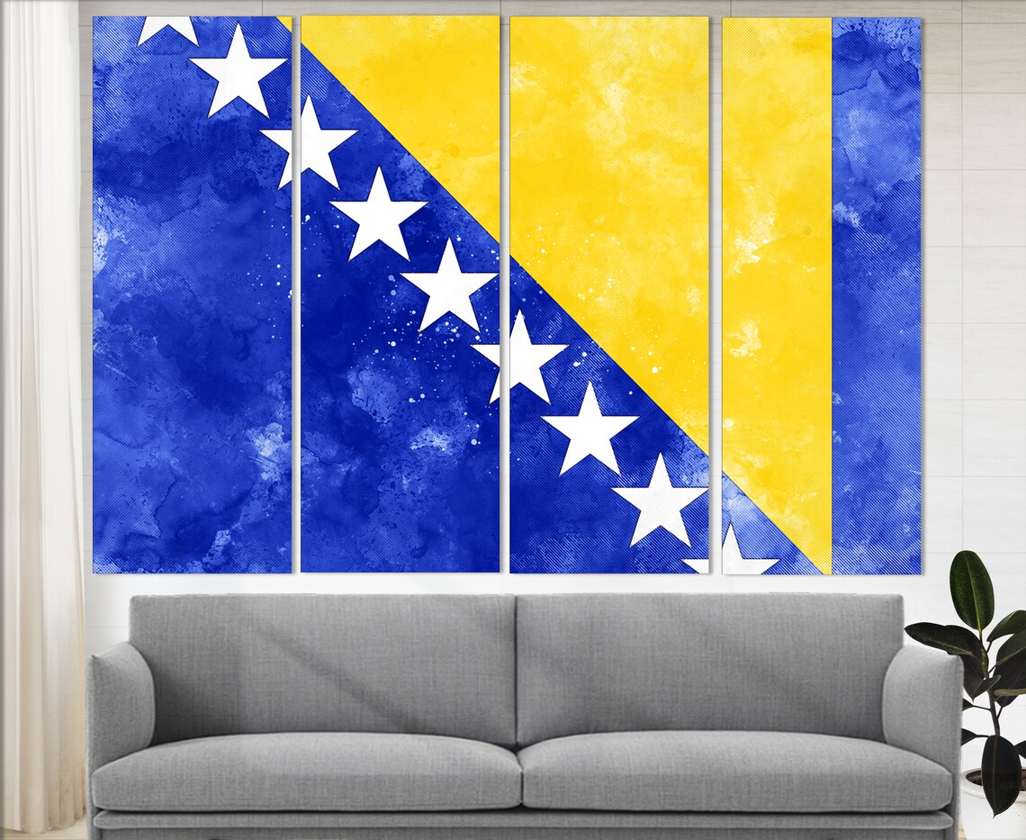 Bosnia And Herzegovina Flag Grunge Watercolor Yellow Stars Poster - Image 2