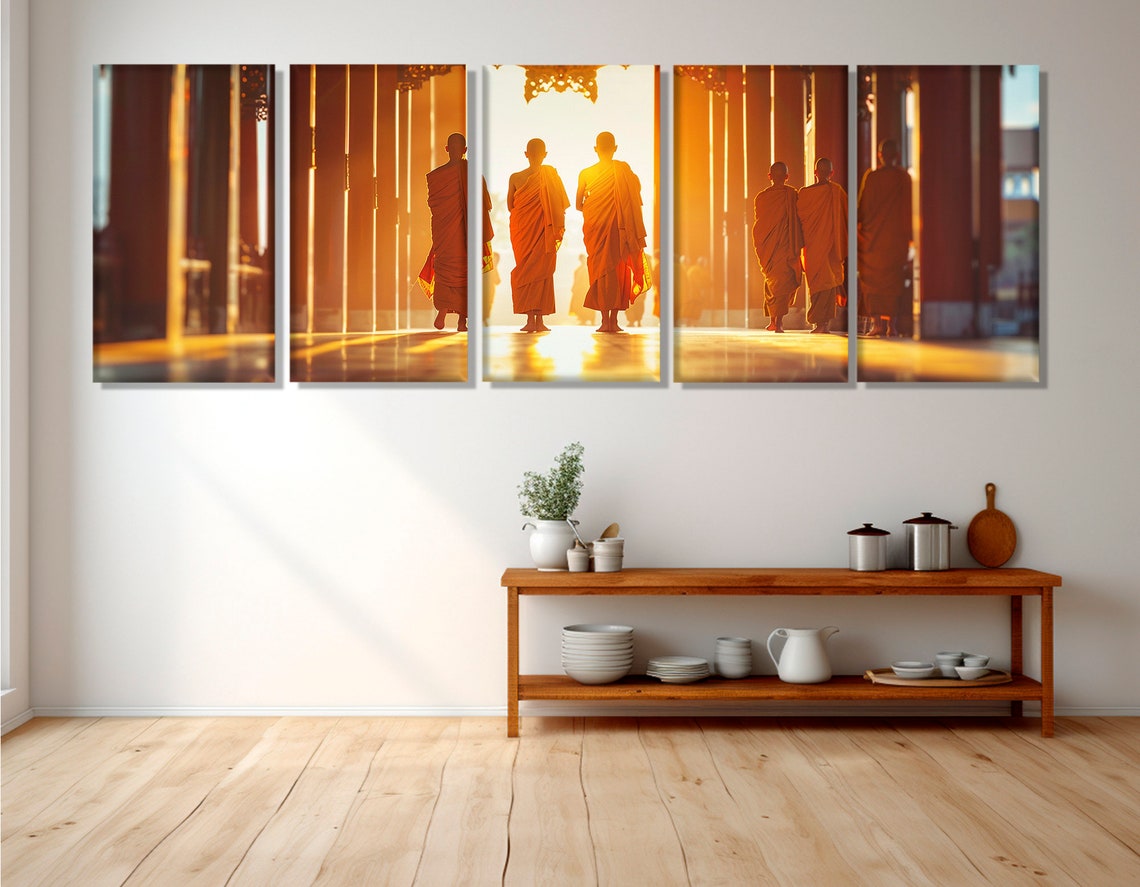 Buddhist Monks Walking Temple Golden Light Triptych Spiritual Poster - Image 3