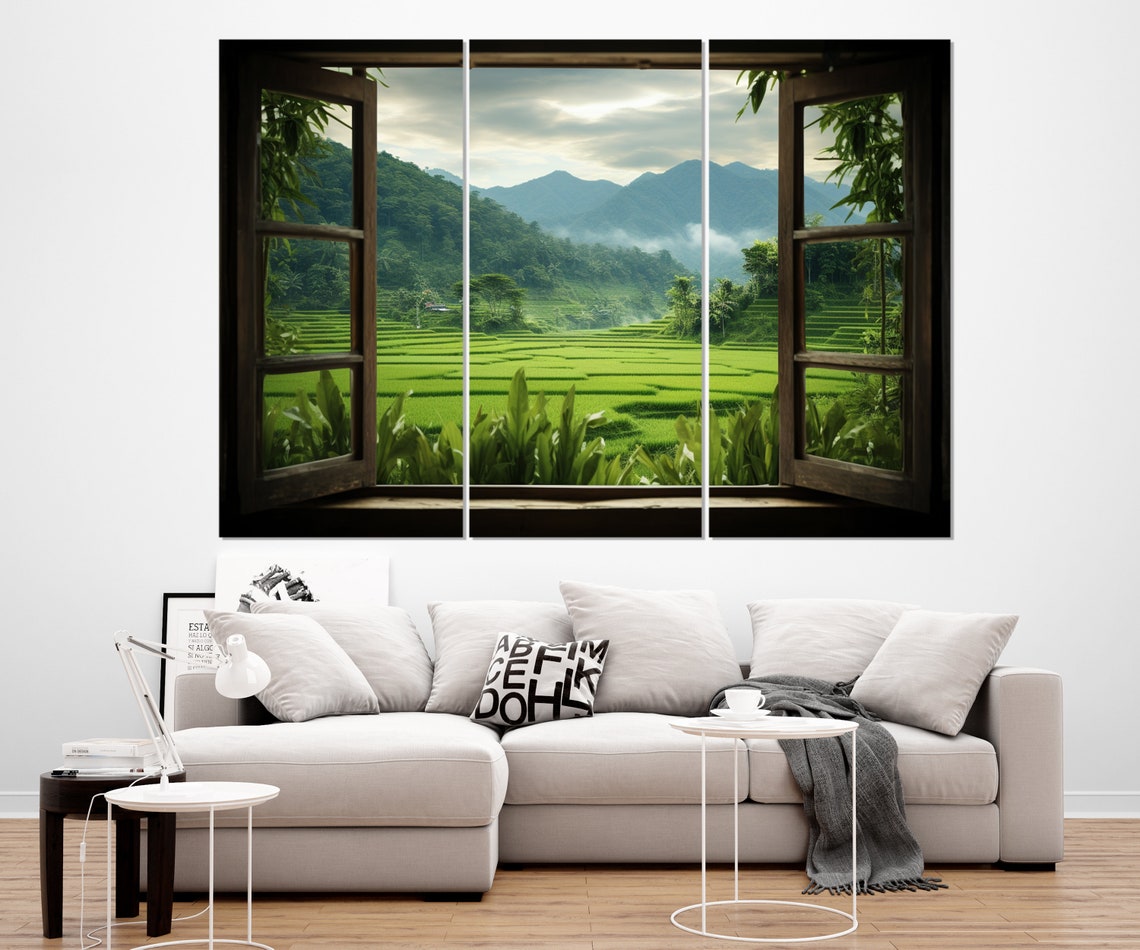 Green Rice Terraces Open Window Misty Mountains Asian Landscape Poster - Image 3
