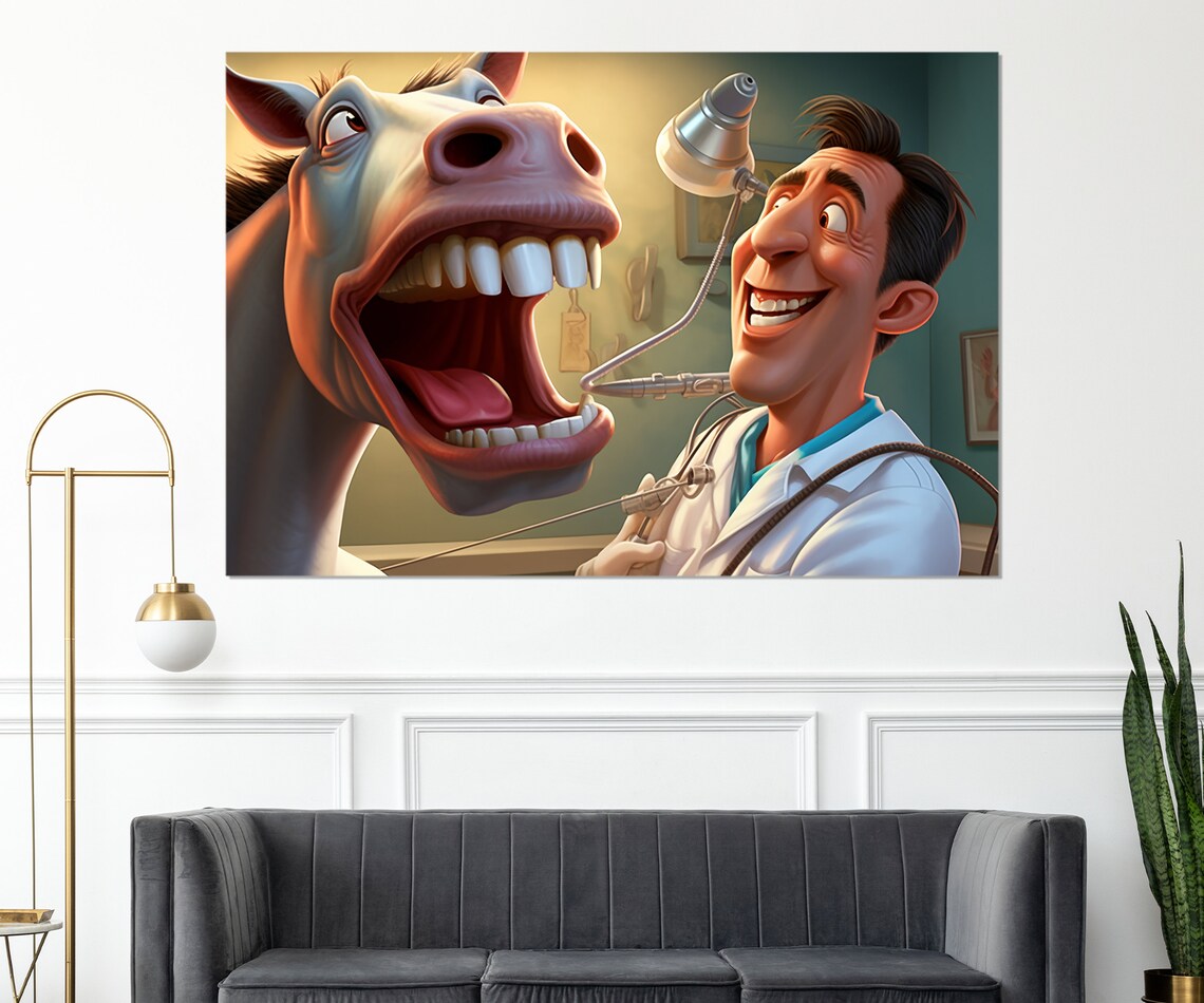 Funny Dentist Examining Horse Teeth Cartoon Dental Office Art Poster - Image 4