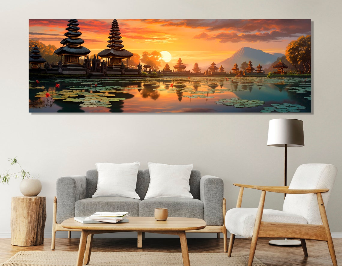 Bali Temple Sunset Over Lake Lotus Pads Golden Sky Painting Poster - Image 2