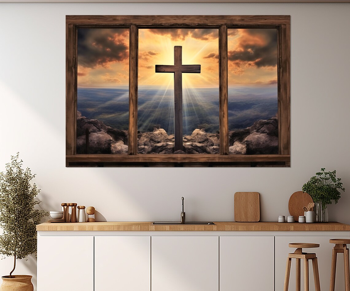 Rustic Window Cross Mountain Sunrise Golden Light Christian Wall Art Print - Image 2
