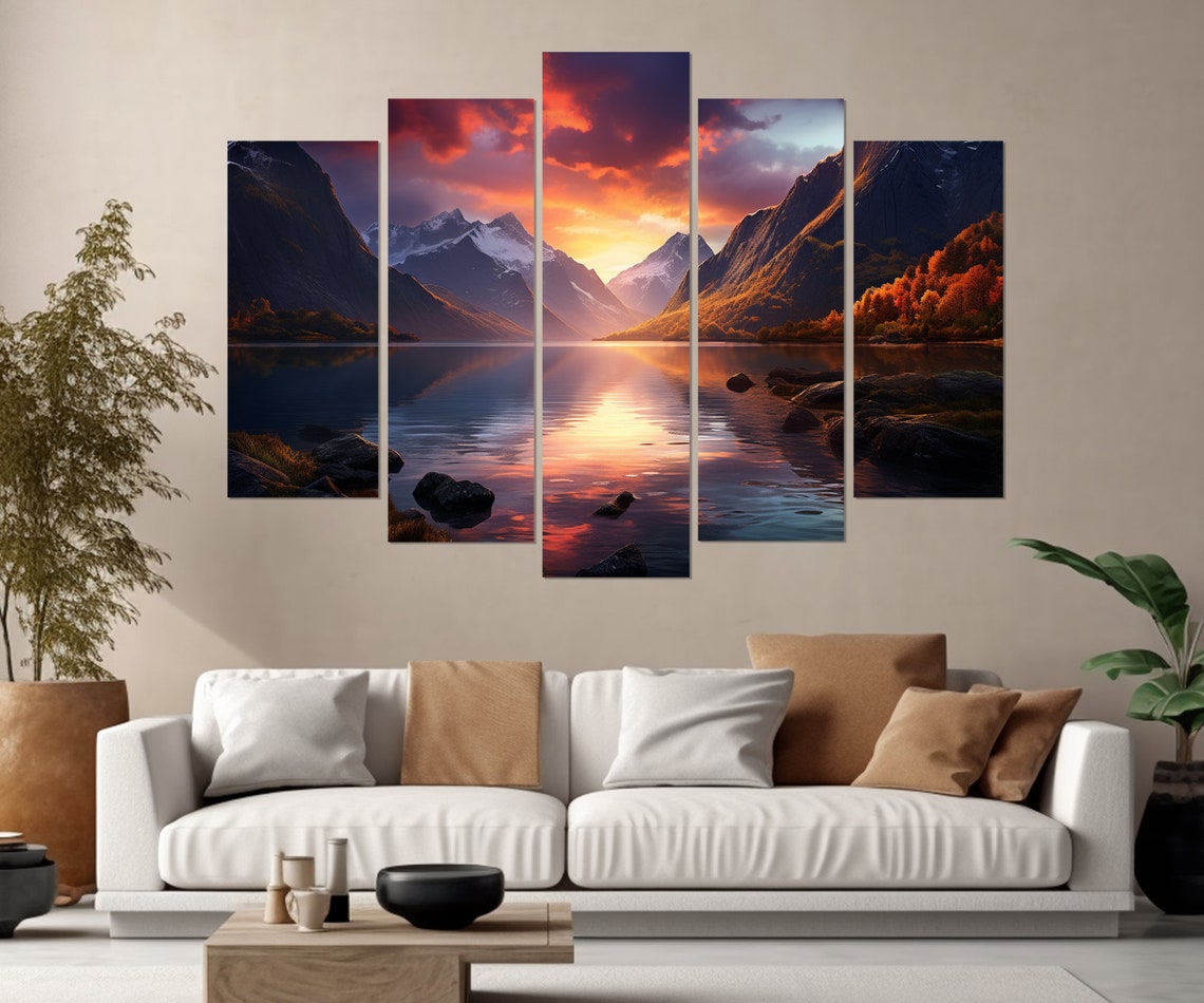 Fjord Sunset Painting Print Norway Wall Art Fjord Colorful Painting Fjord Wall Art Norway Painting Framed And Ready To Hang - Image 2