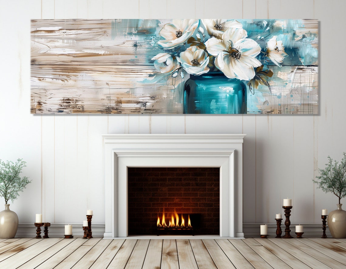 White Abstract Flowers In Blue Glass Jar On Wooden Background Poster