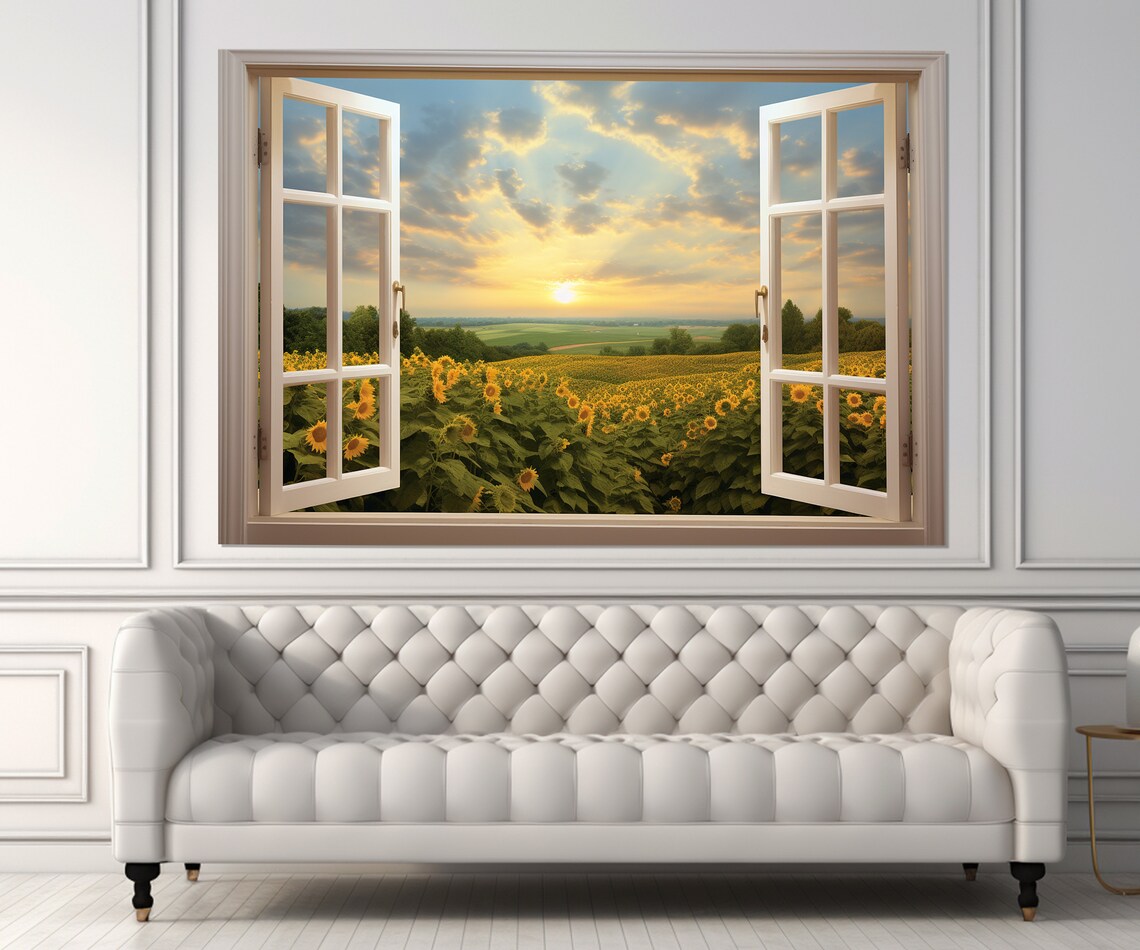 Open Window With Sunflowers Field View Art Print - Image 3