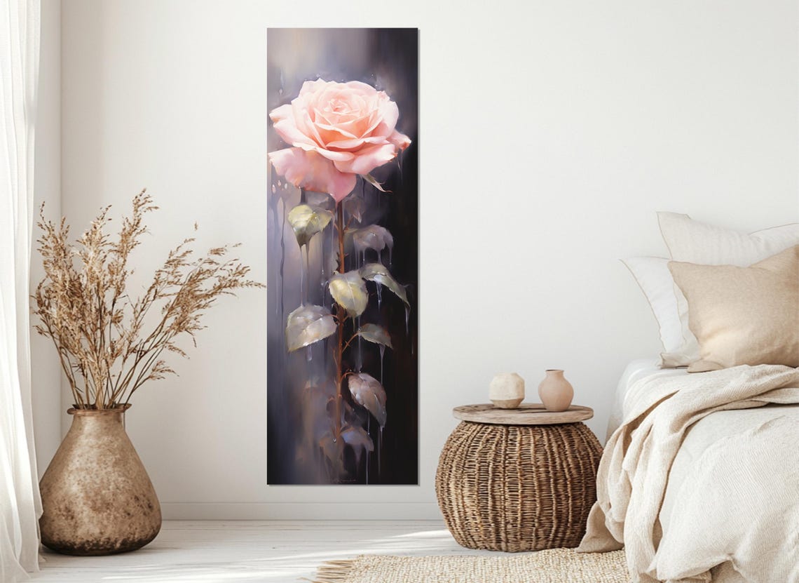Blush Pink Rose Dark Moody Botanical Single Bloom Vertical Art Poster