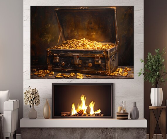 Vintage Chest Of Gold Print Gold Wall Art Chest Of Gold Painting Vintage Wall Decor Gold Digger Gift Framed And Ready To Hang