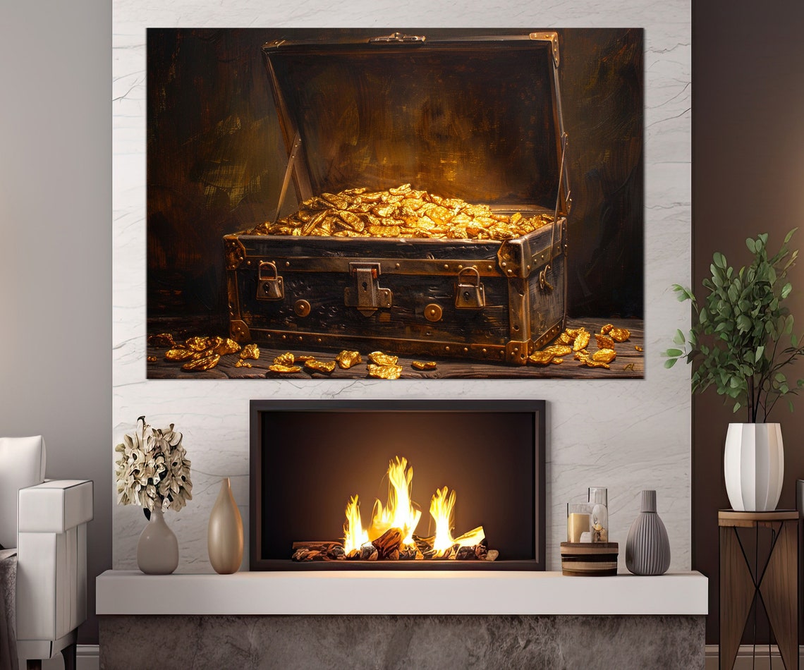 Vintage Chest Of Gold Print Gold Wall Art Chest Of Gold Painting Vintage Wall Decor Gold Digger Gift Framed And Ready To Hang