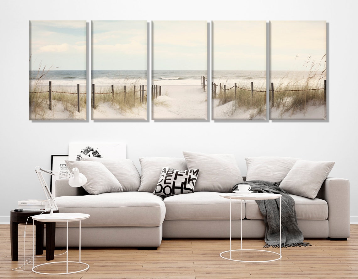 Serene Beach Dune Path Neutral Tones Coastal Painting Panoramic Poster - Image 2