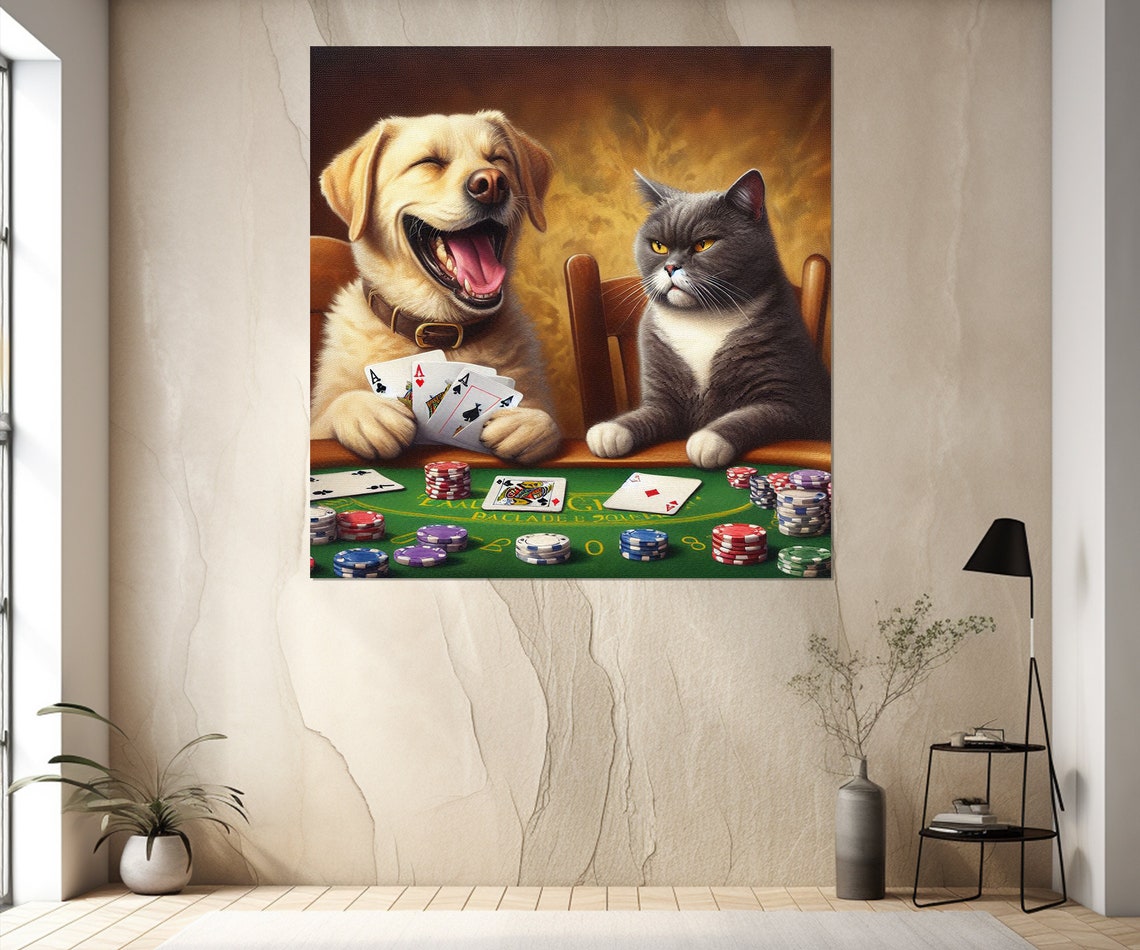 Dog And Cat Playing Poker Cards Chips Funny Poker Room Wall Art Poster - Image 2