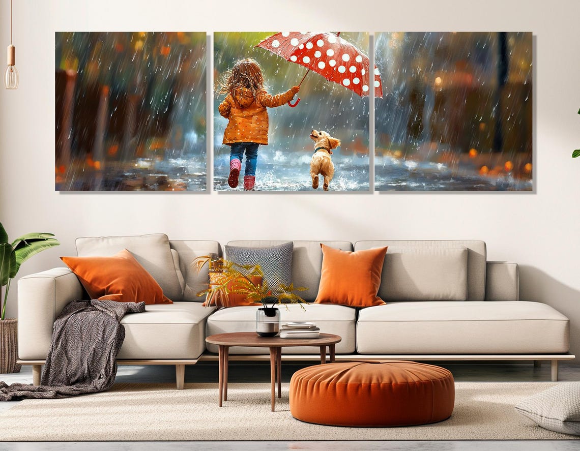 Little Girl Puppy In Rain Red Umbrella Joyful Kids Triptych Wall Art