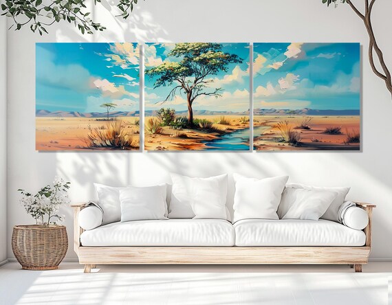 Abstract African Desert Landscape Painting Print Lonely Tree And A River On African Scenery Wall Art Framed And Ready To Hang