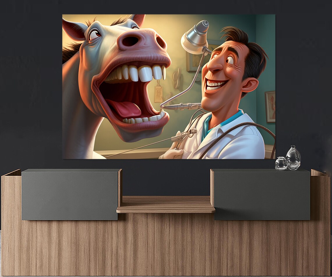 Funny Dentist Examining Horse Teeth Cartoon Dental Office Art Poster