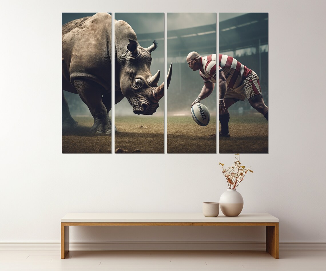 Rugby Player Vs Rhinoceros Epic Showdown Stadium Dramatic Wall Art Poster - Image 3