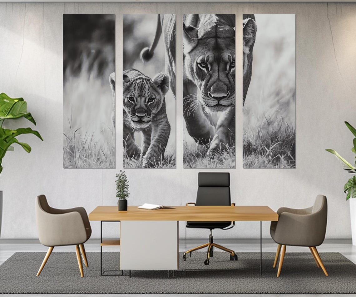 Lioness And Cub Walking Tall Grass Black White Wildlife Art Poster - Image 4
