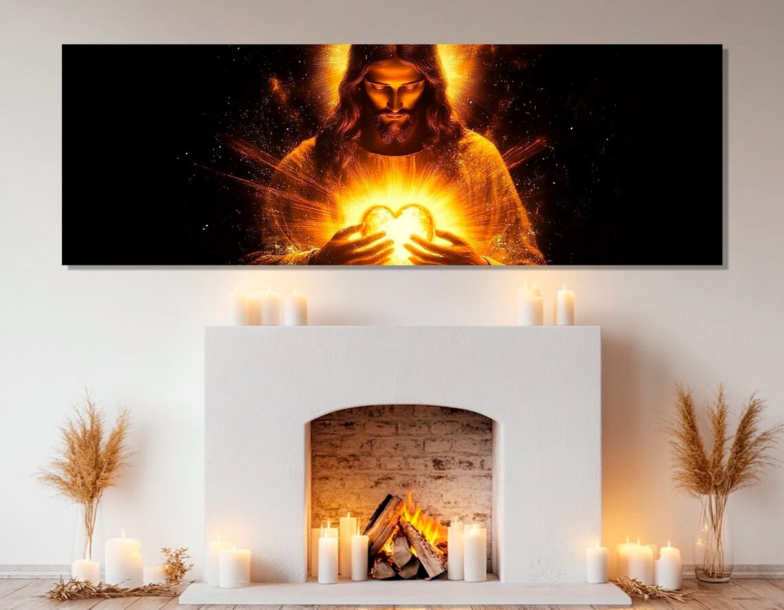 Jesus Holding Glowing Heart Cosmic Light Religious Faith Wall Art Poster - Image 2