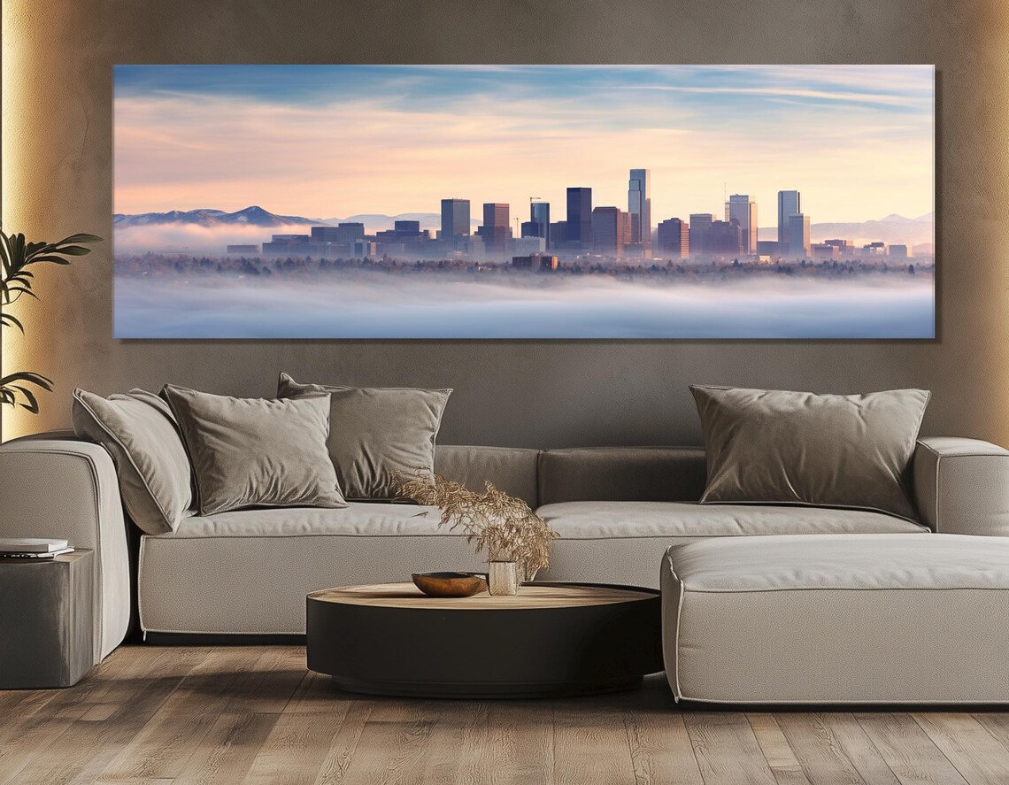 Denver Skyline Rising Above Morning Fog With Rocky Mountains Poster