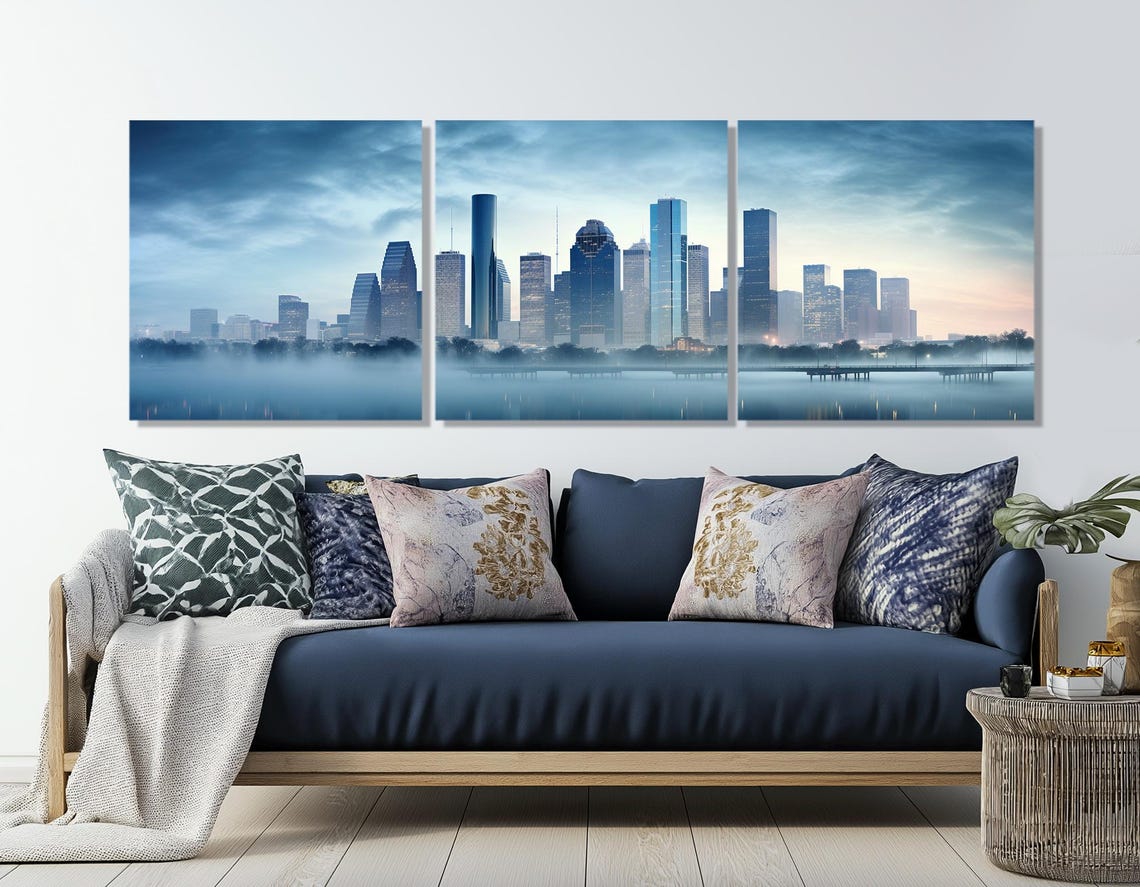 Misty Houston Skyline At Dawn With Calm Water Reflection Poster - Image 4