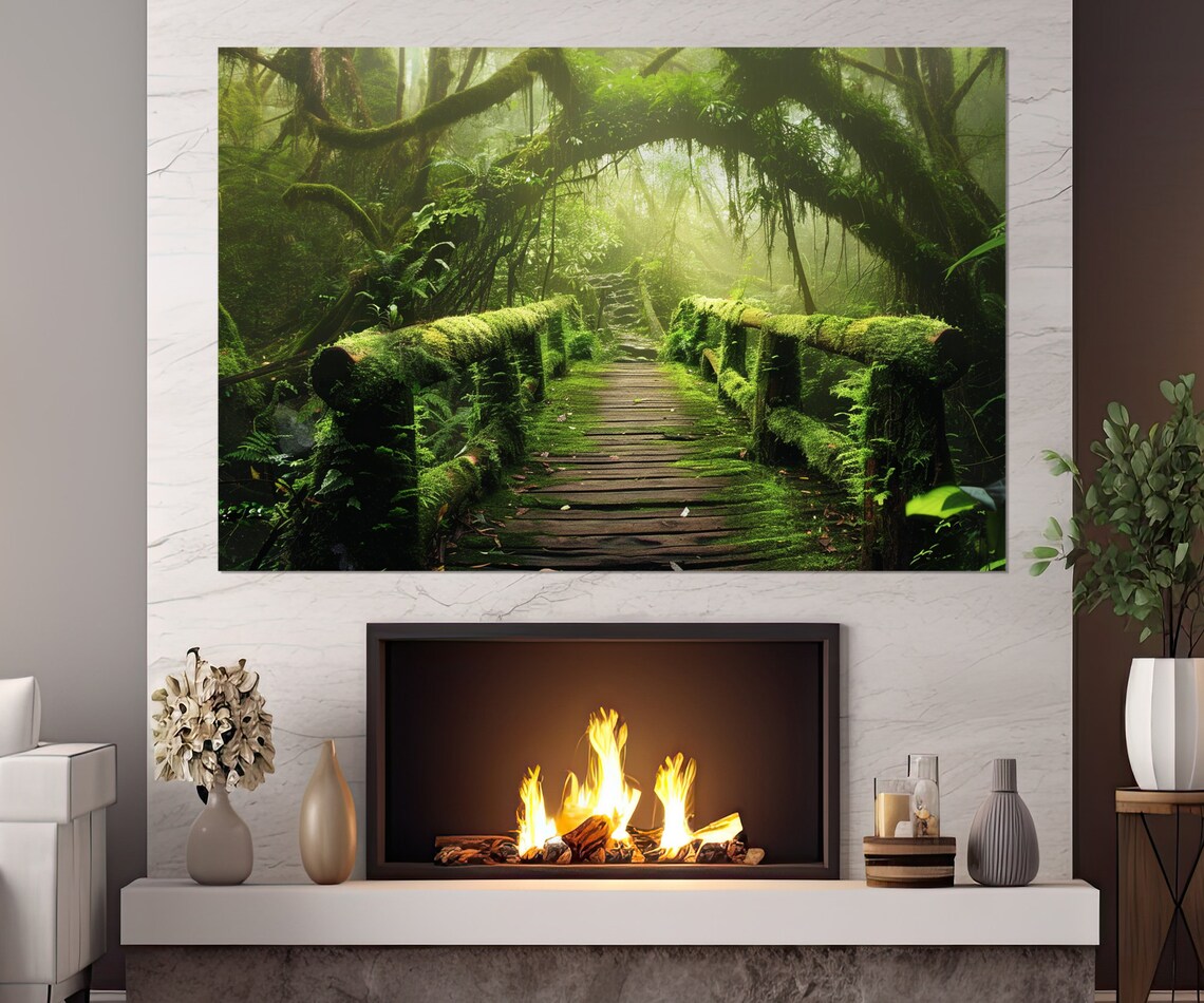 Bamboo Bridge Over River, Tropical Forest Art Print - Image 2