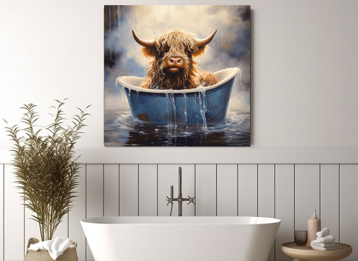 Highland Cow Calf Bathing In A Blue Vintage Bathtub Rain Shower Poster