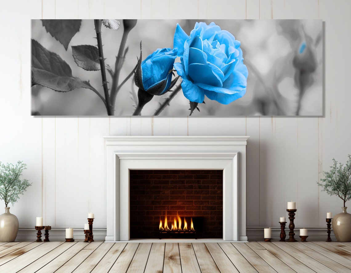 Vivid Blue Rose Bloom Black White Floral Triptych Canvas Poster - Image 3