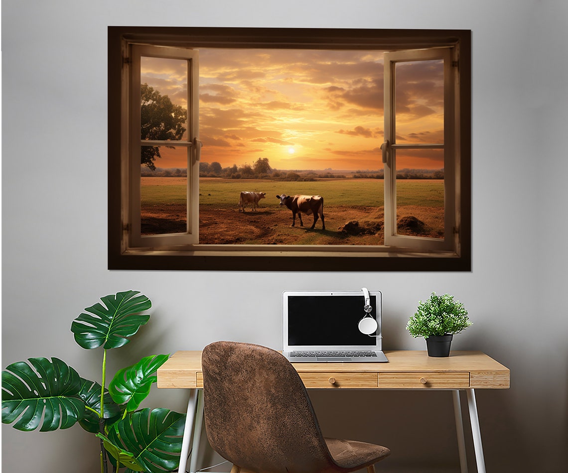 Open Window View Cows In Pasture Orange Sunset Farm Art Poster