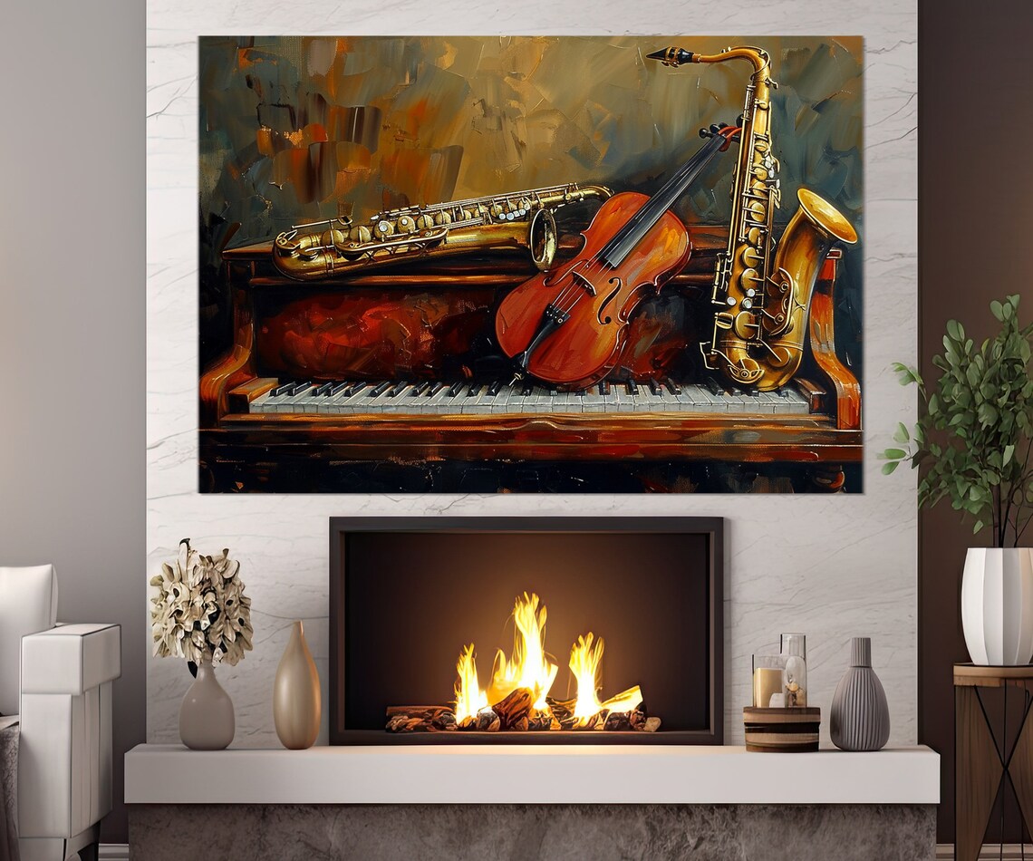Vintage Musical Instruments Art Print, Piano Violin Saxophone