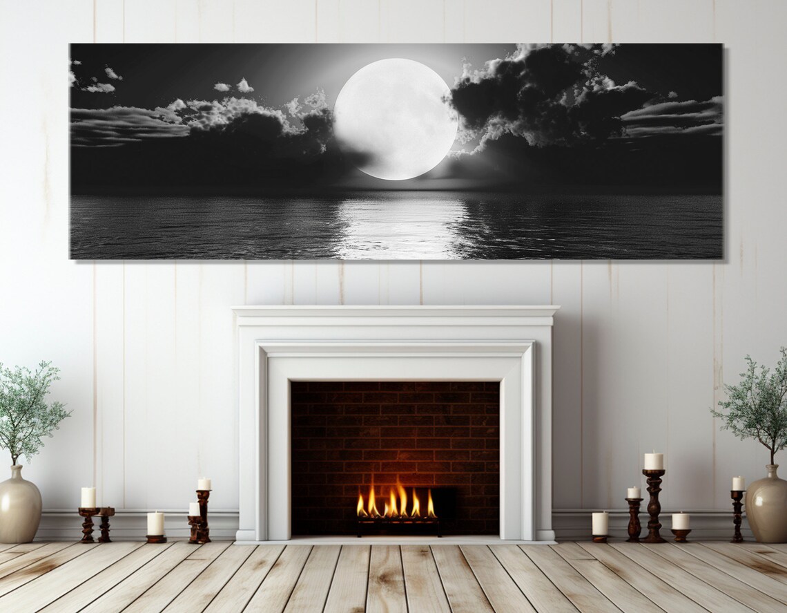 Moon Over Sea, Black And White Coastal Wall Art Print - Image 2