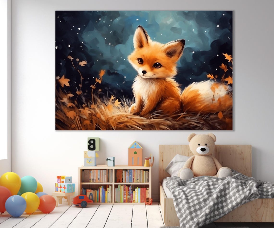 Cute Fox Cub Starry Night Autumn Leaves Nursery Kids Wall Art Print