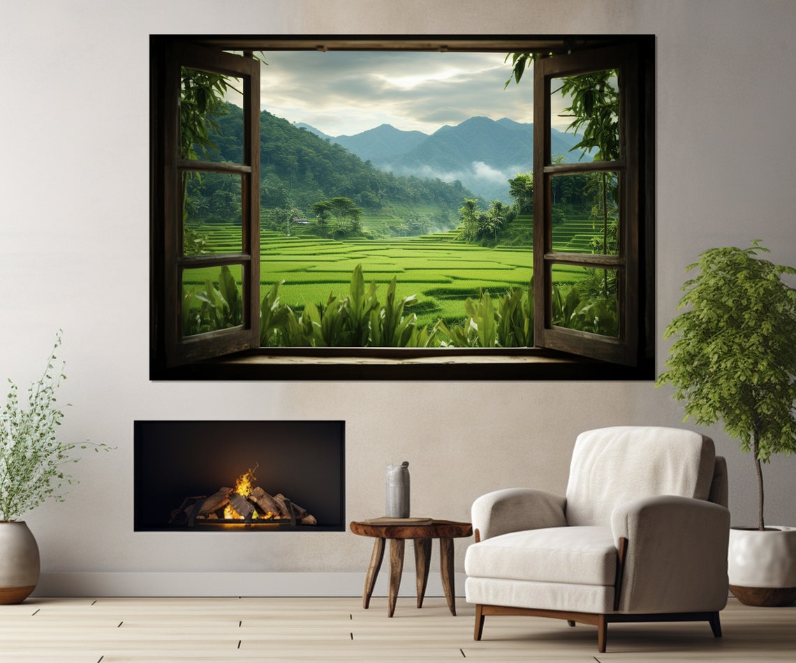 Green Rice Terraces Open Window Misty Mountains Asian Landscape Poster