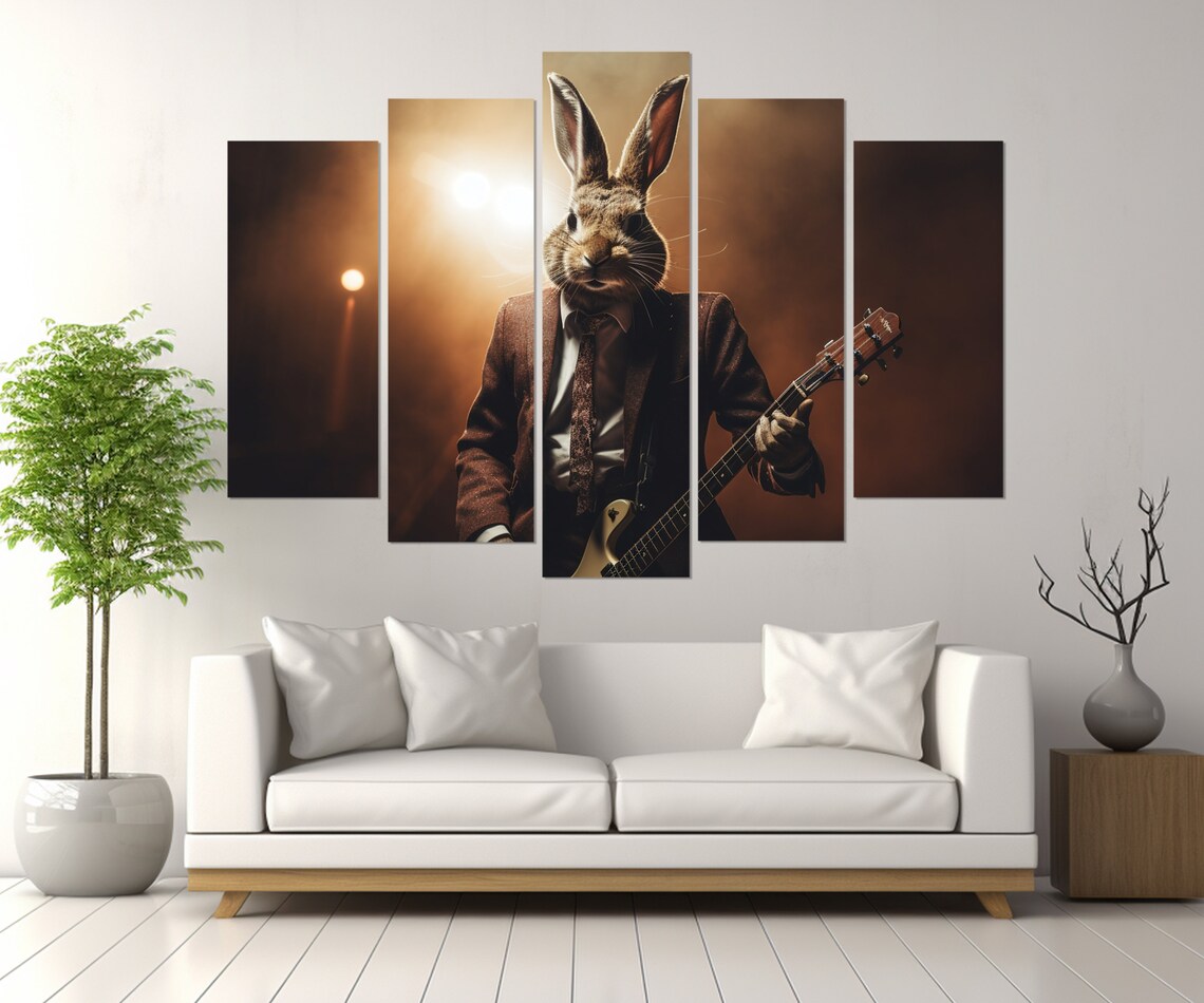 Rabbit Playing Guitar Stage Spotlight Suit Whimsical Musician Art Poster - Image 2