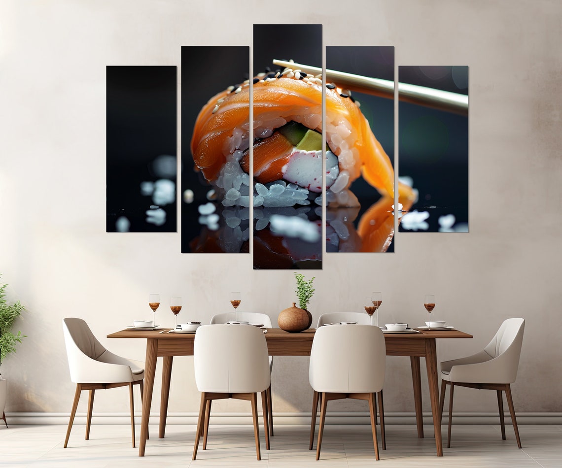 Salmon Sushi Roll Photo Chopsticks Dark Background Kitchen Poster - Image 3