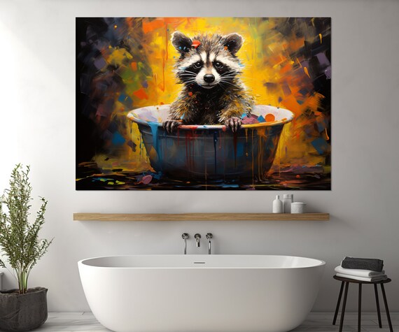 Cute Baby Raccoon Bathing In A Tub Of Colorful Paint Drops Poster