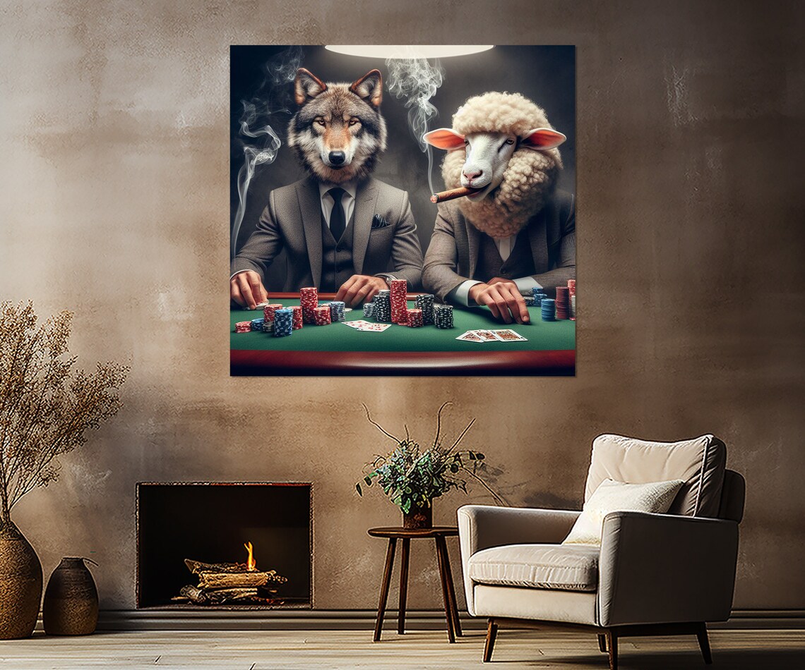 Wolf And Sheep Playing Poker Funny Casino Card Game Night Poster - Image 4
