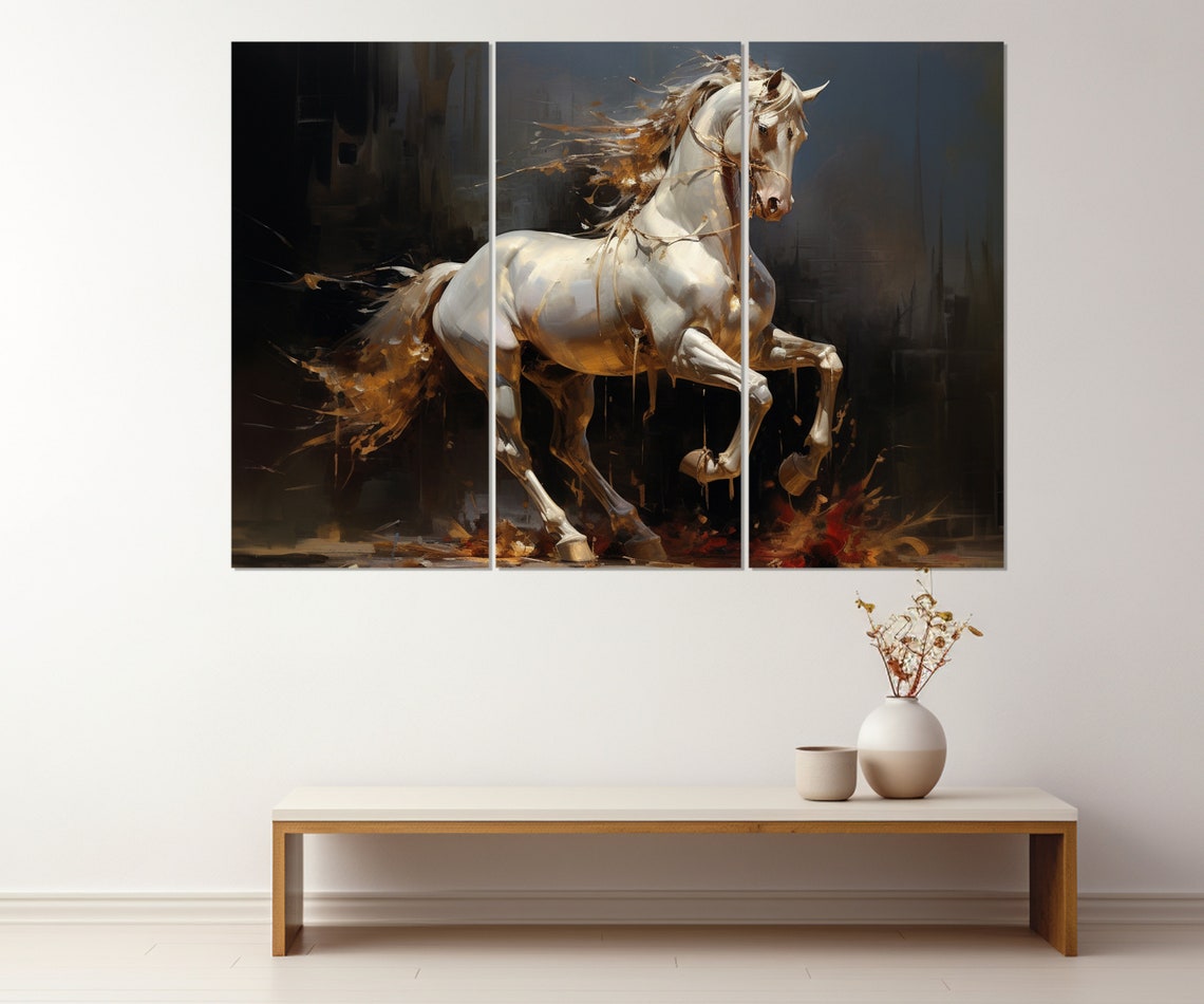 Majestic White Horse Galloping Dark Dramatic Golden Mane Art Poster - Image 3