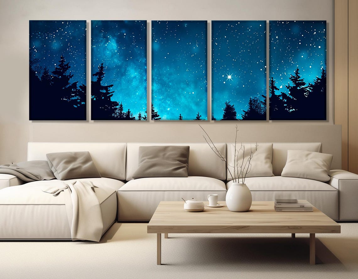 Starry Night Sky Over Pine Forest Silhouette Blue Panoramic Poster - Image 3