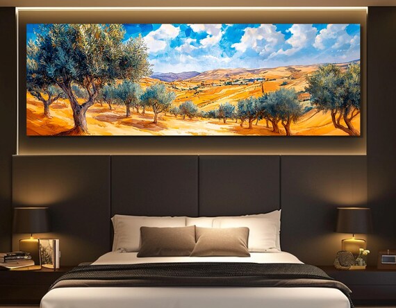 Scenic Olive Grove Painting Print Olive Trees In Tunisia Wall Art Panoramic Watercolor Olive Grove Landscape Framed Ready To Hang