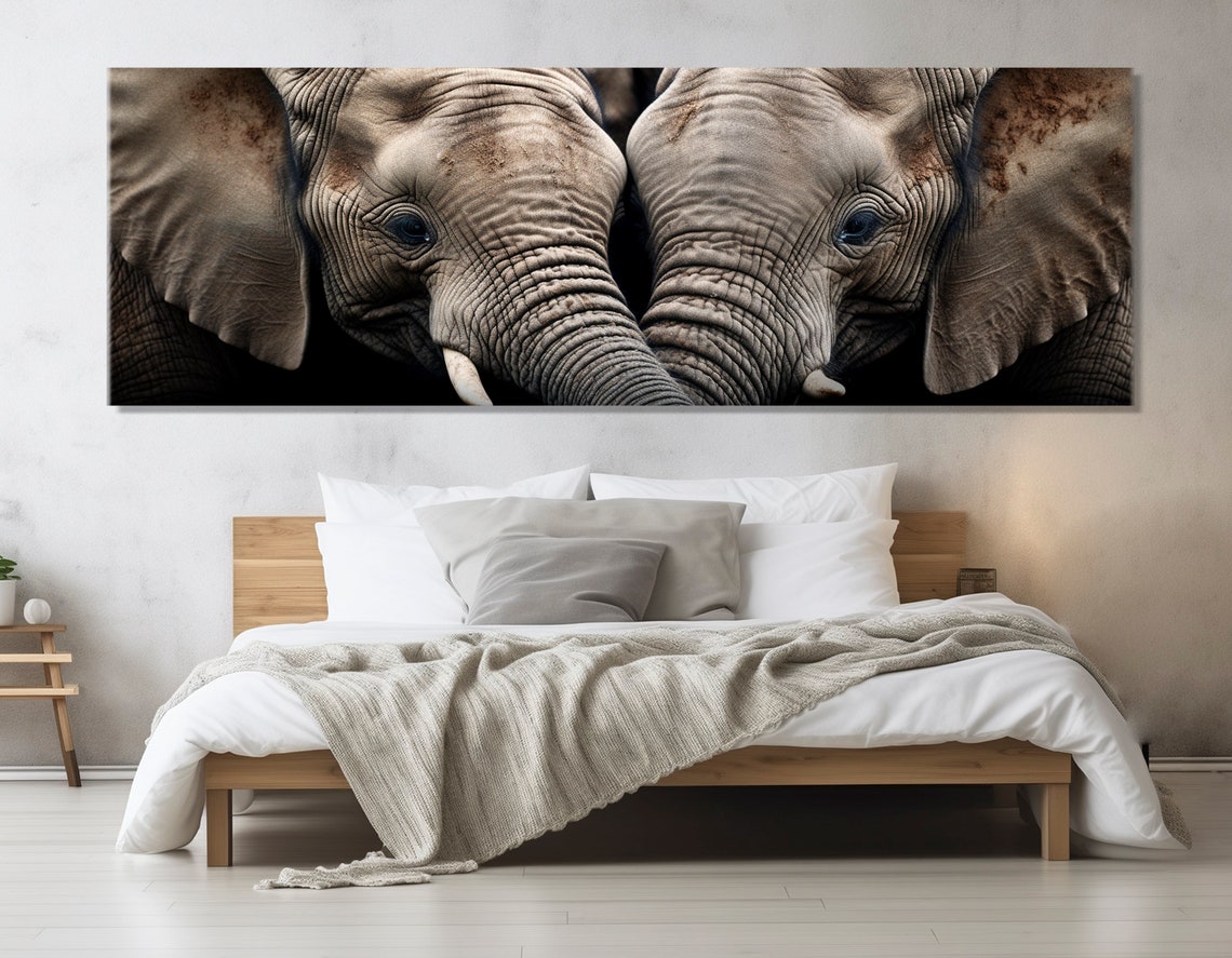 Two Elephants Close Up Trunks Touching Dramatic Black Art Poster